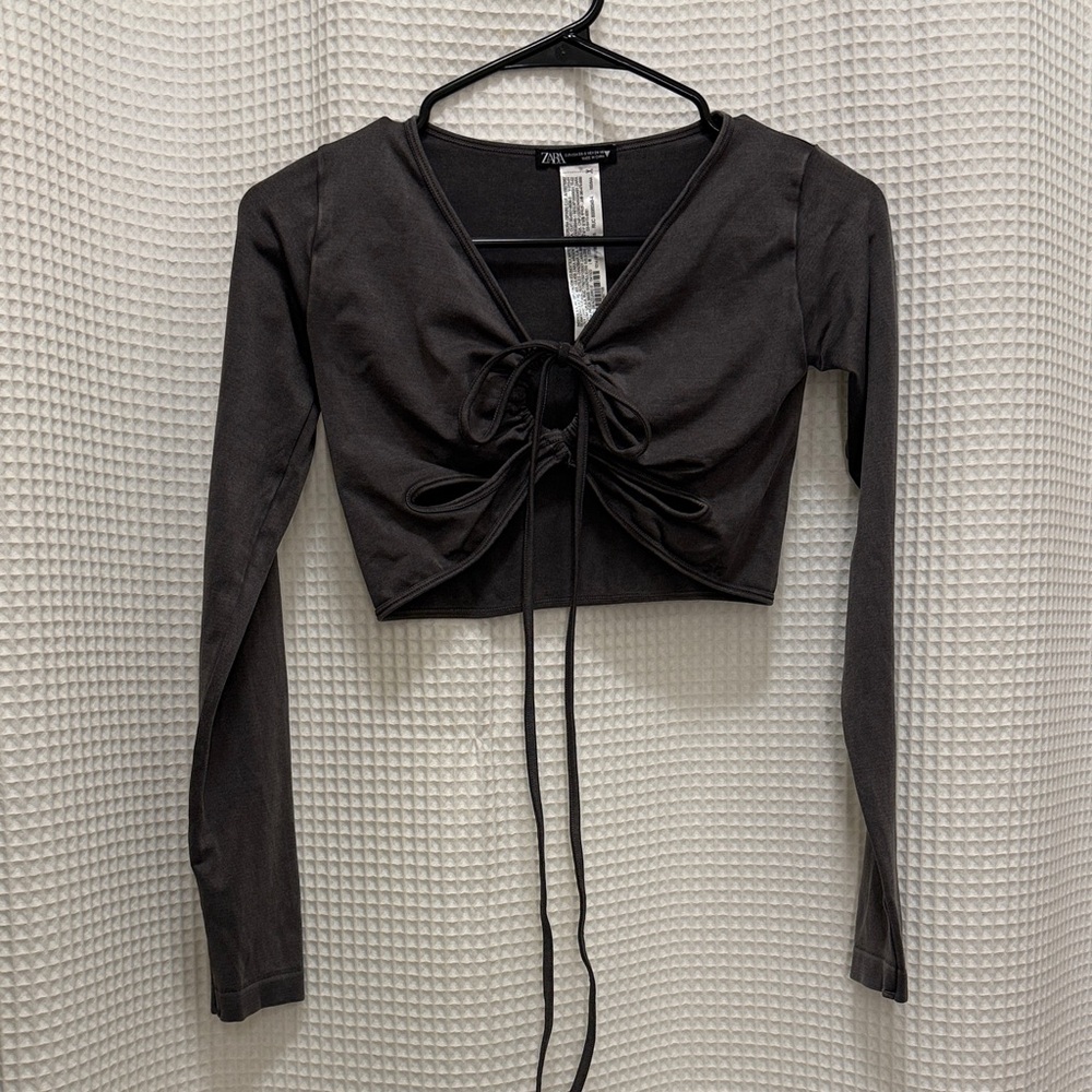 Zara Charcoal Long Sleeve Crop Top with keyhole front and tie - XS